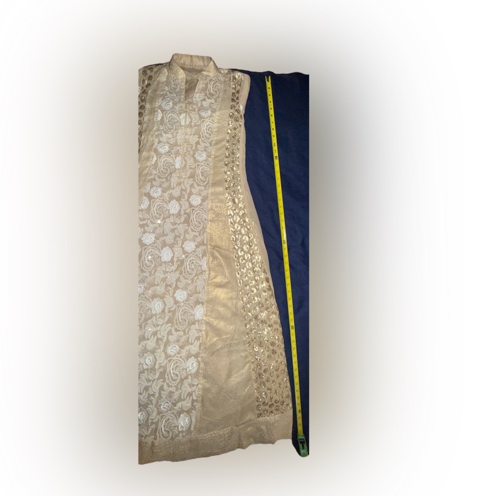 Elegant  Kurta Set Beige and Gold Embroidered Dress with Pants and Dupatta - Picture 6 of 9